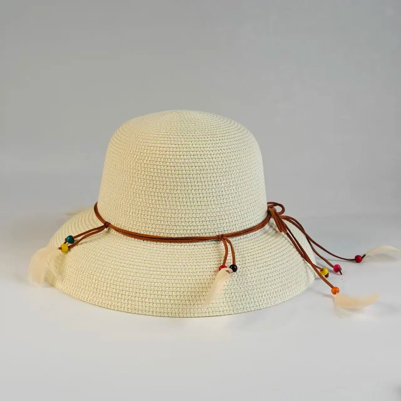 Bohemian Feather Straw Hat Women Summer Handwoven Beach Sunshade Cap Ethnic Beaded String Fedora Wide Brim Breathable Sun Hats