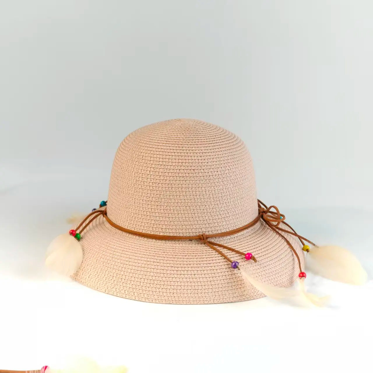 Bohemian Feather Straw Hat Women Summer Handwoven Beach Sunshade Cap Ethnic Beaded String Fedora Wide Brim Breathable Sun Hats