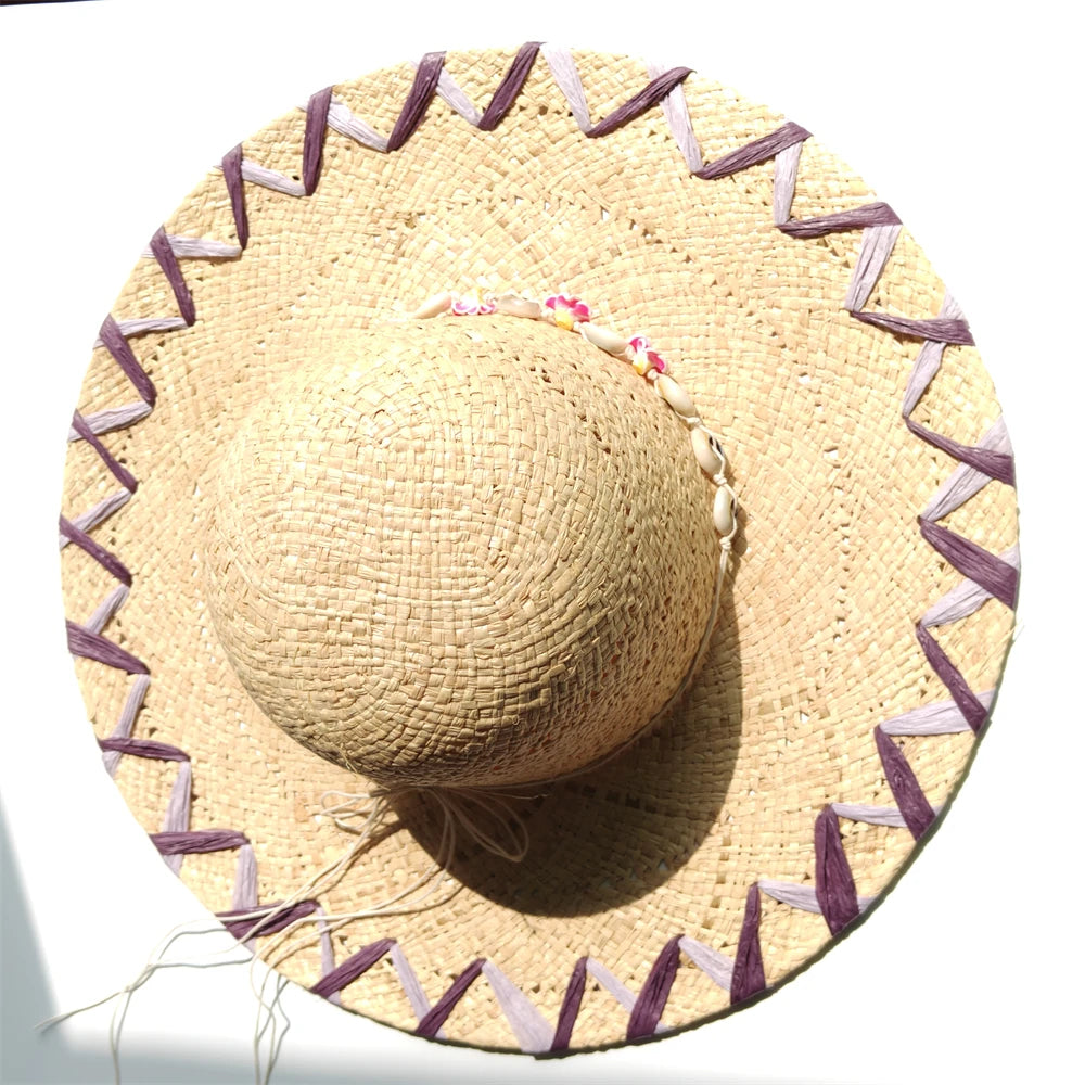 Handmade Natural Raffia Big Brim Straw Hat Breathable Sunscreen Panama Style for Beach Holiday Women's Dame Top Sun Hat