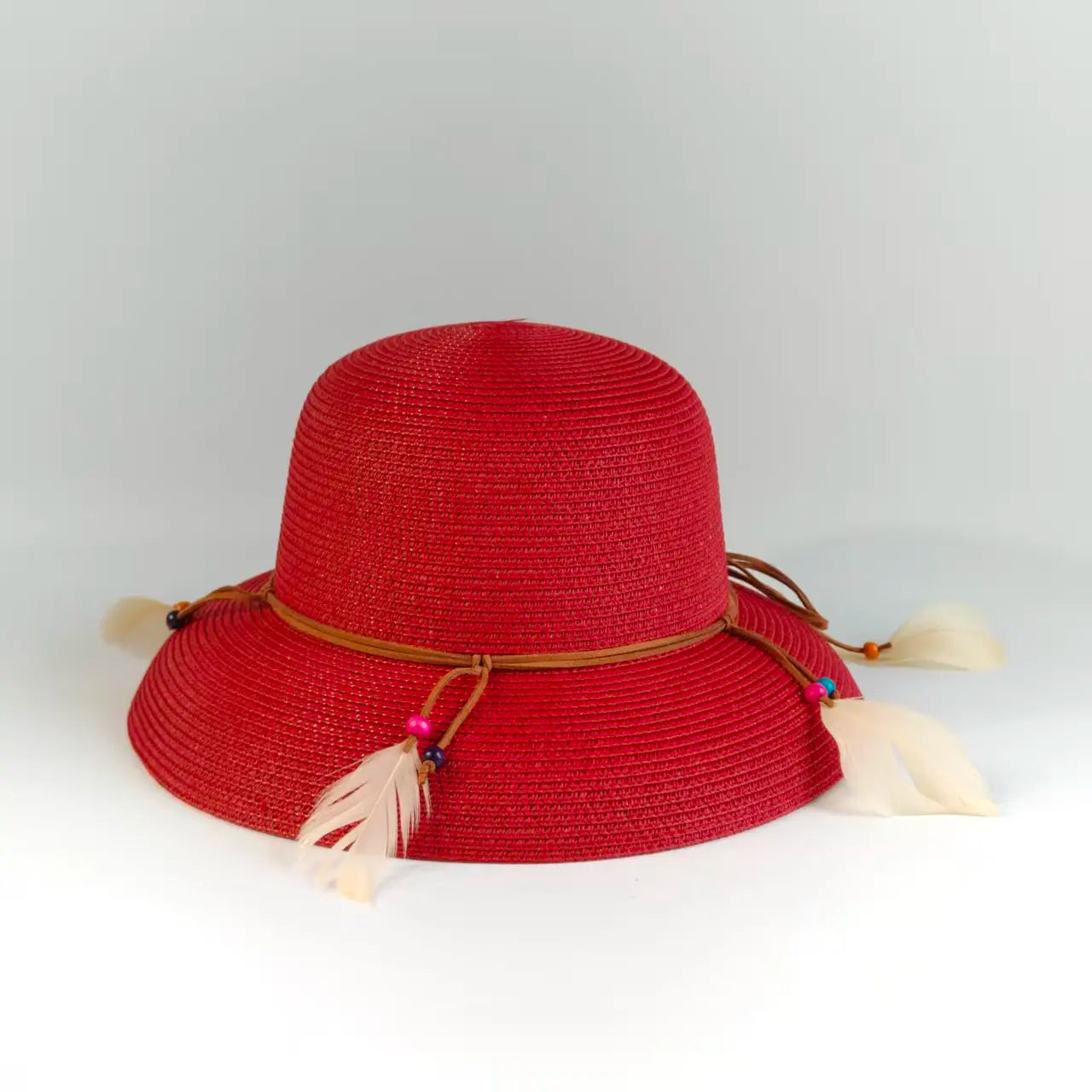 Bohemian Feather Straw Hat Women Summer Handwoven Beach Sunshade Cap Ethnic Beaded String Fedora Wide Brim Breathable Sun Hats