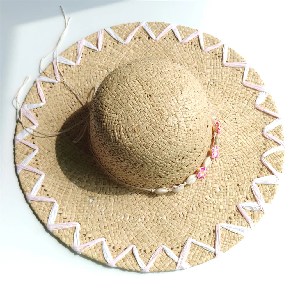 Handmade Natural Raffia Big Brim Straw Hat Breathable Sunscreen Panama Style for Beach Holiday Women's Dame Top Sun Hat