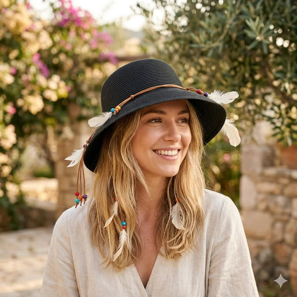 Bohemian Feather Straw Hat Women Summer Handwoven Beach Sunshade Cap Ethnic Beaded String Fedora Wide Brim Breathable Sun Hats