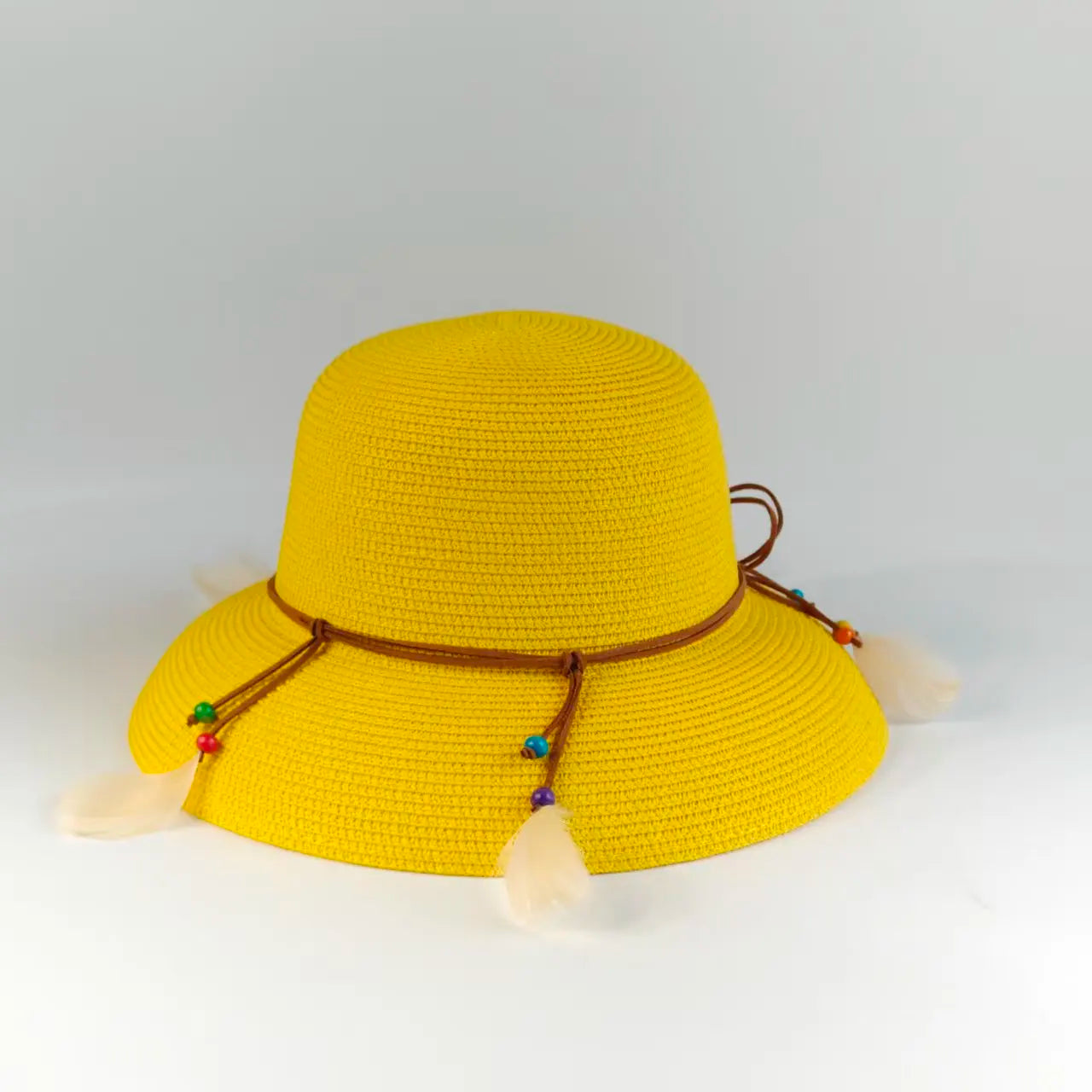 Bohemian Feather Straw Hat Women Summer Handwoven Beach Sunshade Cap Ethnic Beaded String Fedora Wide Brim Breathable Sun Hats
