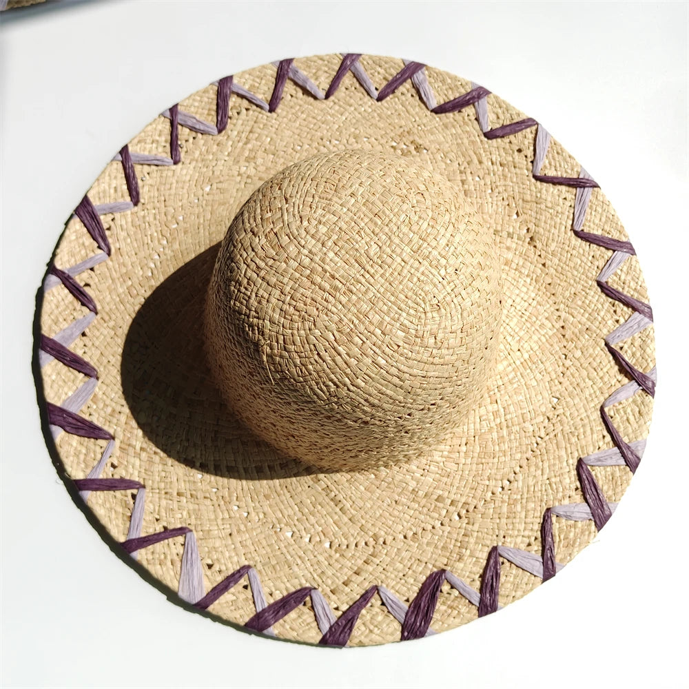 Handmade Natural Raffia Big Brim Straw Hat Breathable Sunscreen Panama Style for Beach Holiday Women's Dame Top Sun Hat