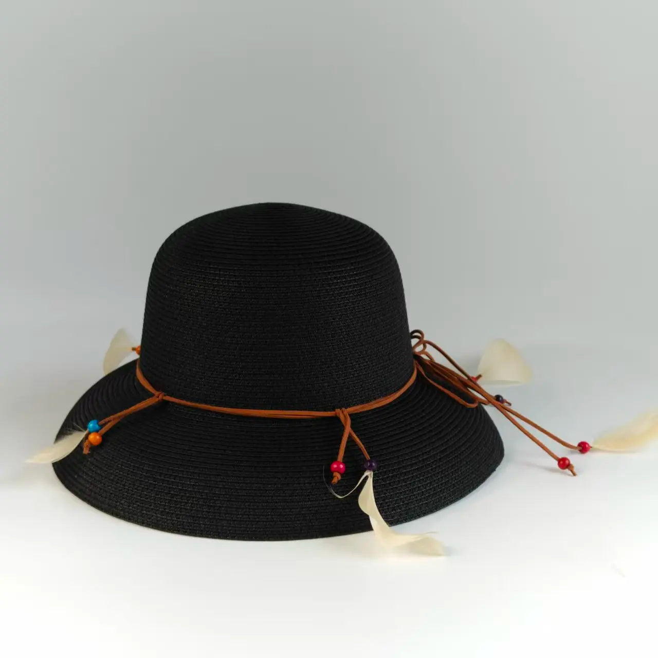 Bohemian Feather Straw Hat Women Summer Handwoven Beach Sunshade Cap Ethnic Beaded String Fedora Wide Brim Breathable Sun Hats