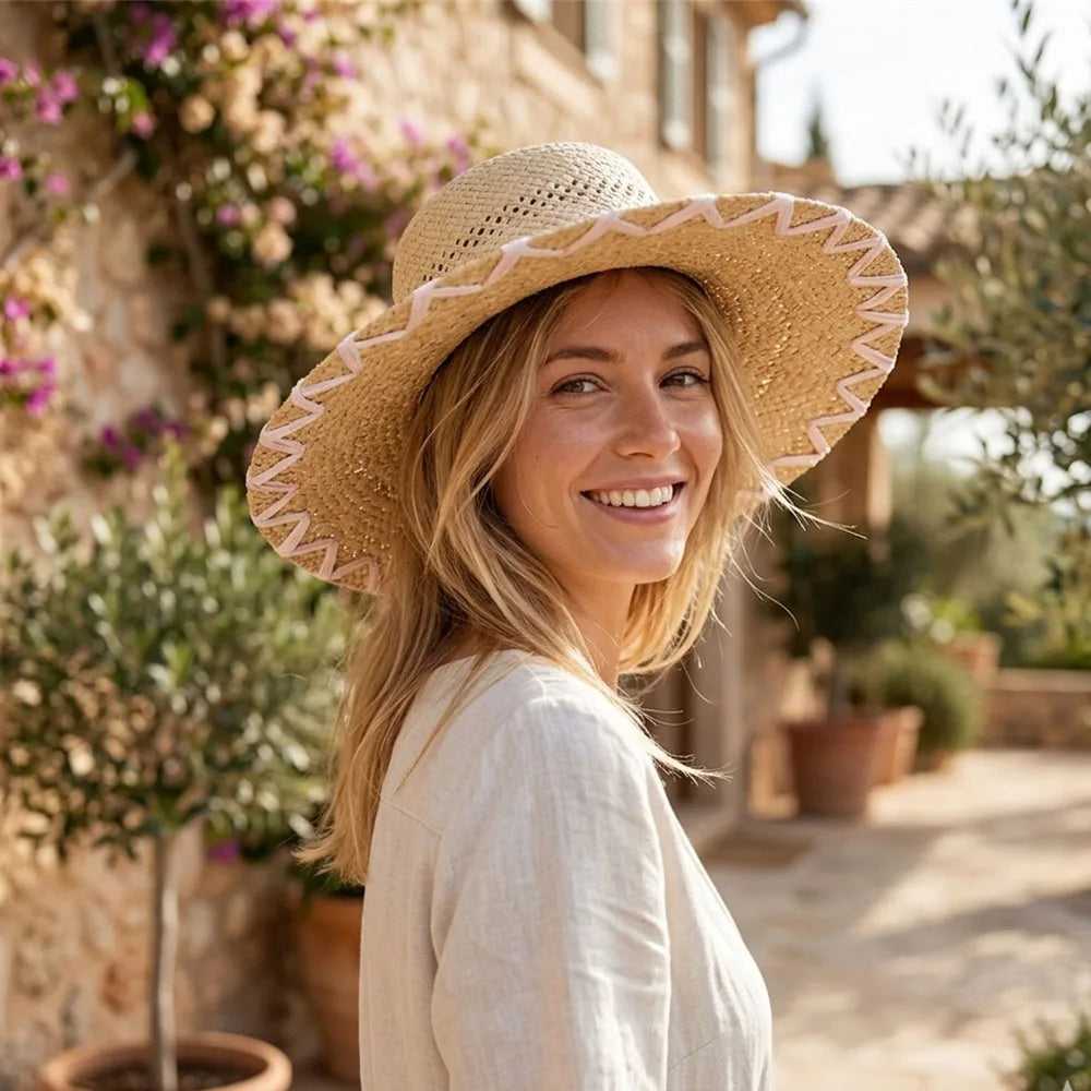 Handmade Natural Raffia Big Brim Straw Hat Breathable Sunscreen Panama Style for Beach Holiday Women's Dame Top Sun Hat
