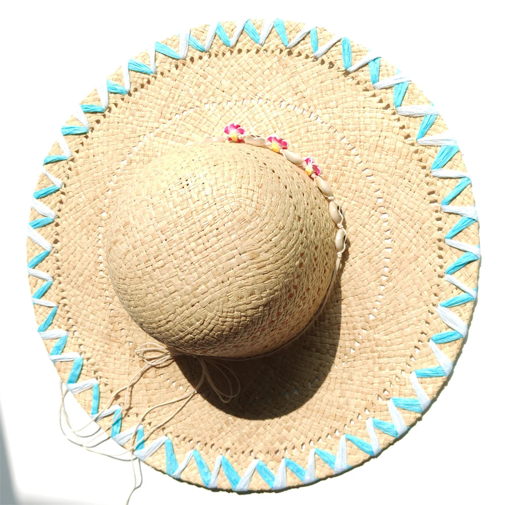 Handmade Natural Raffia Big Brim Straw Hat Breathable Sunscreen Panama Style for Beach Holiday Women's Dame Top Sun Hat