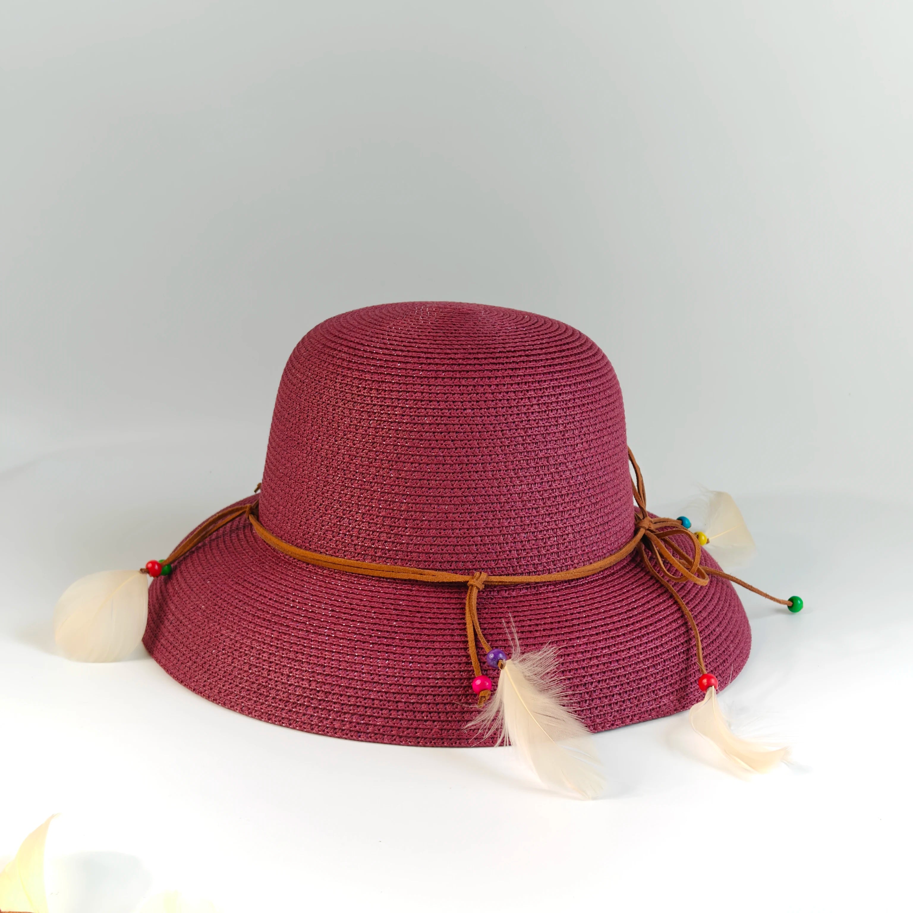 Bohemian Feather Straw Hat Women Summer Handwoven Beach Sunshade Cap Ethnic Beaded String Fedora Wide Brim Breathable Sun Hats