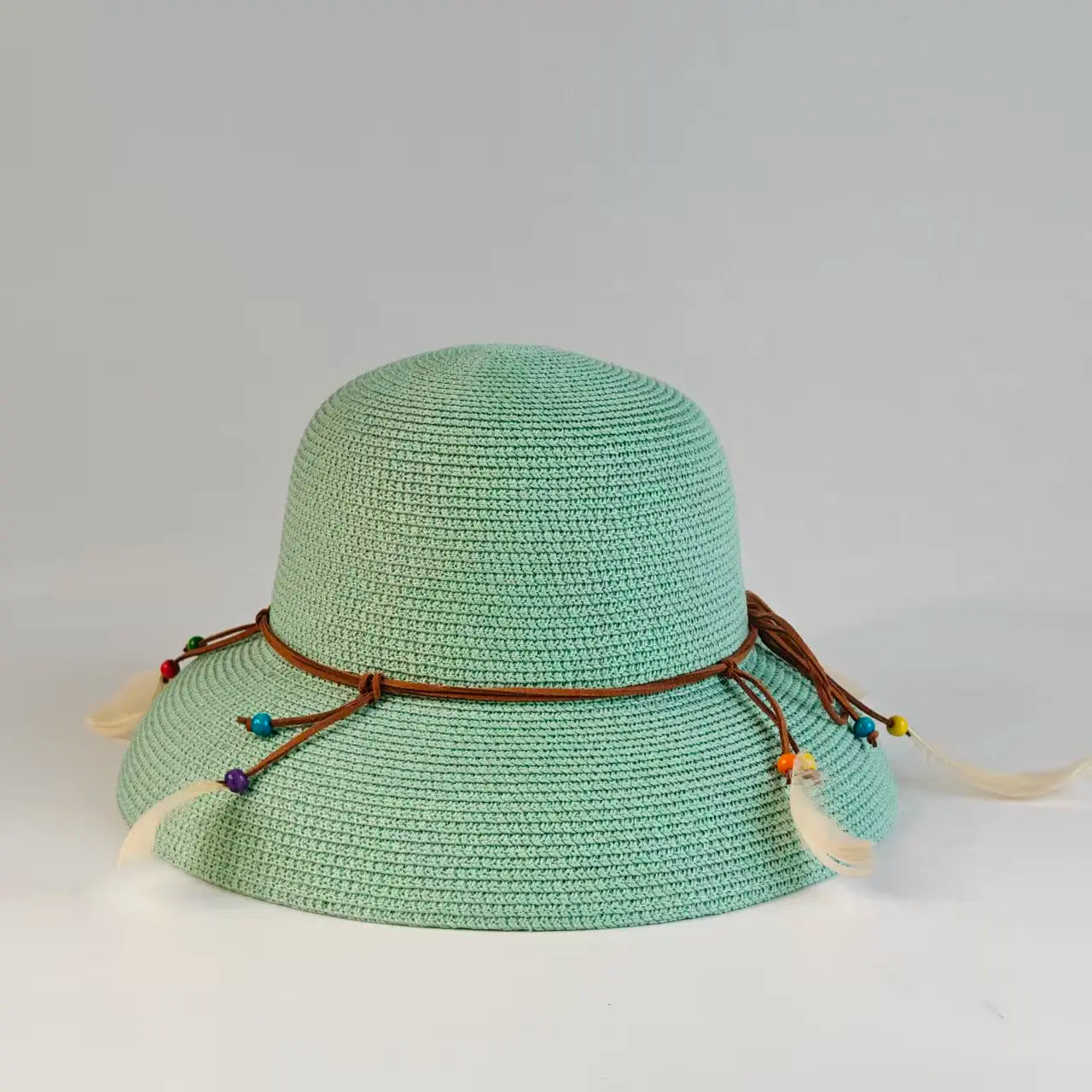 Bohemian Feather Straw Hat Women Summer Handwoven Beach Sunshade Cap Ethnic Beaded String Fedora Wide Brim Breathable Sun Hats