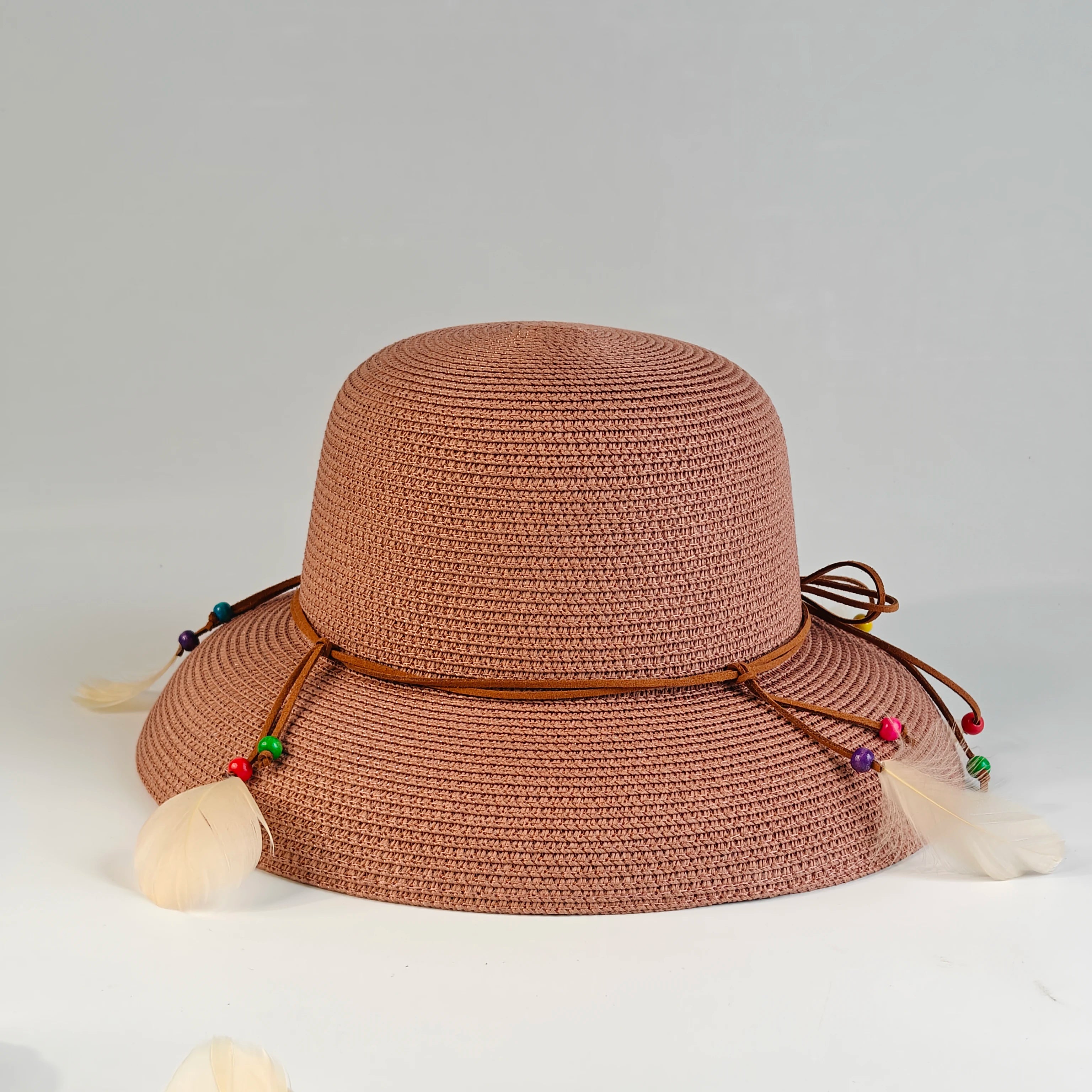Bohemian Feather Straw Hat Women Summer Handwoven Beach Sunshade Cap Ethnic Beaded String Fedora Wide Brim Breathable Sun Hats