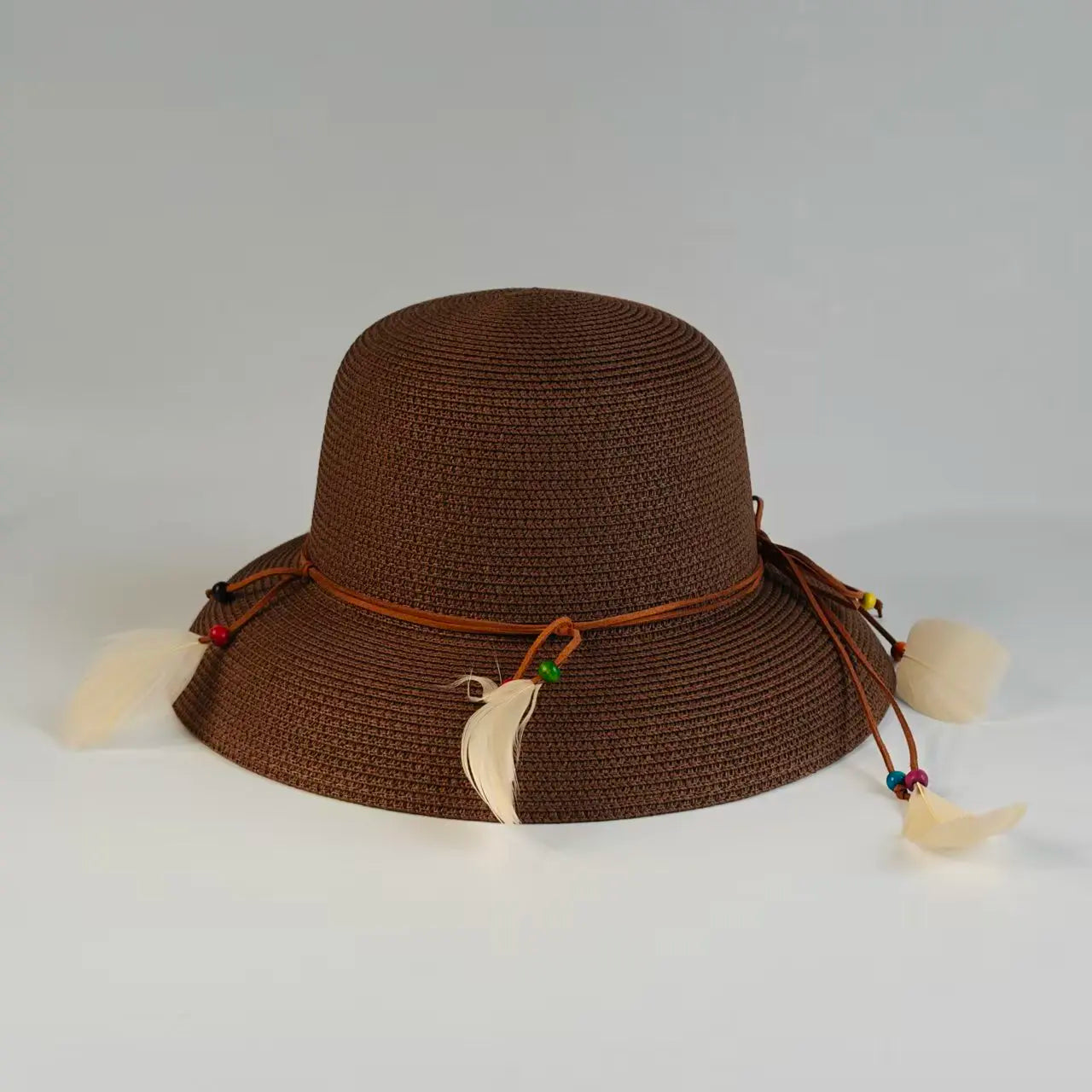 Bohemian Feather Straw Hat Women Summer Handwoven Beach Sunshade Cap Ethnic Beaded String Fedora Wide Brim Breathable Sun Hats