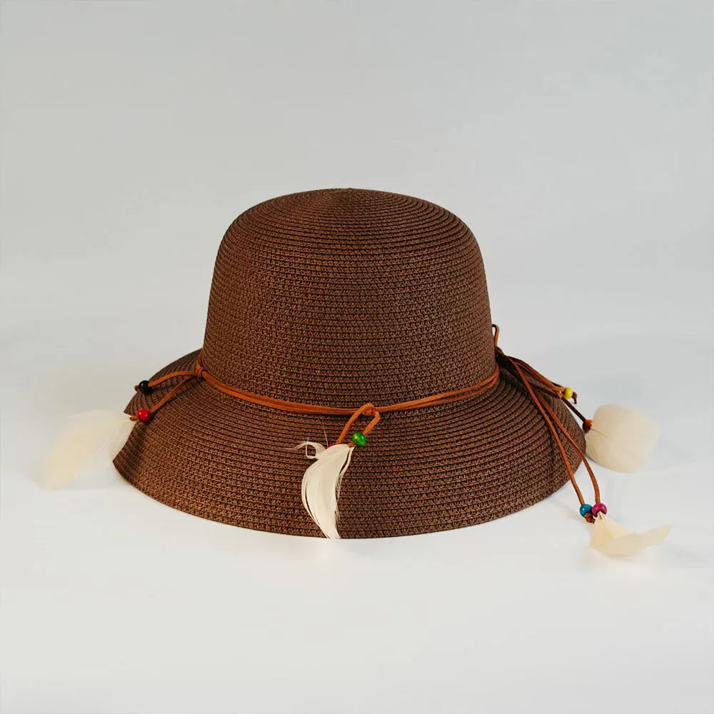 Bohemian Feather Straw Hat Women Summer Handwoven Beach Sunshade Cap Ethnic Beaded String Fedora Wide Brim Breathable Sun Hats