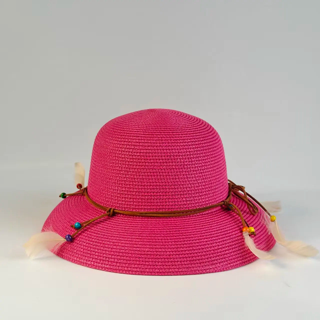 Bohemian Feather Straw Hat Women Summer Handwoven Beach Sunshade Cap Ethnic Beaded String Fedora Wide Brim Breathable Sun Hats