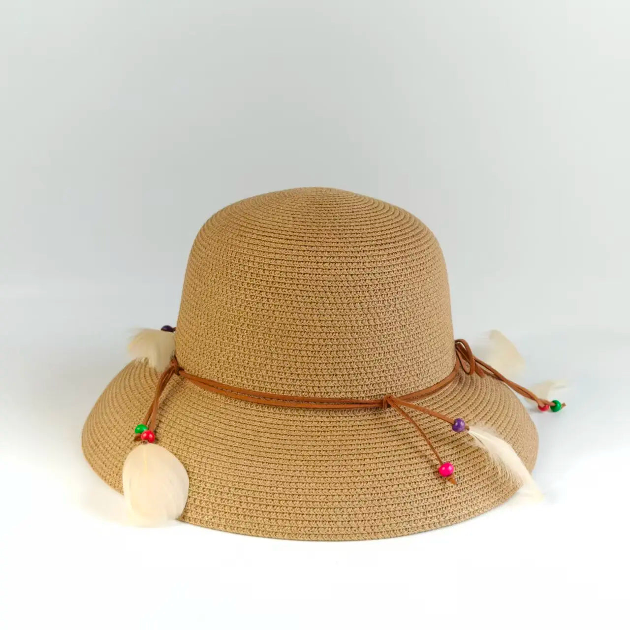 Bohemian Feather Straw Hat Women Summer Handwoven Beach Sunshade Cap Ethnic Beaded String Fedora Wide Brim Breathable Sun Hats