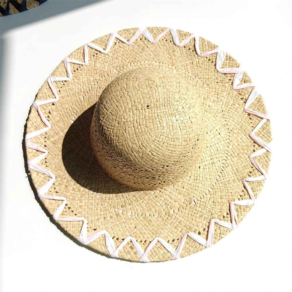 Handmade Natural Raffia Big Brim Straw Hat Breathable Sunscreen Panama Style for Beach Holiday Women's Dame Top Sun Hat