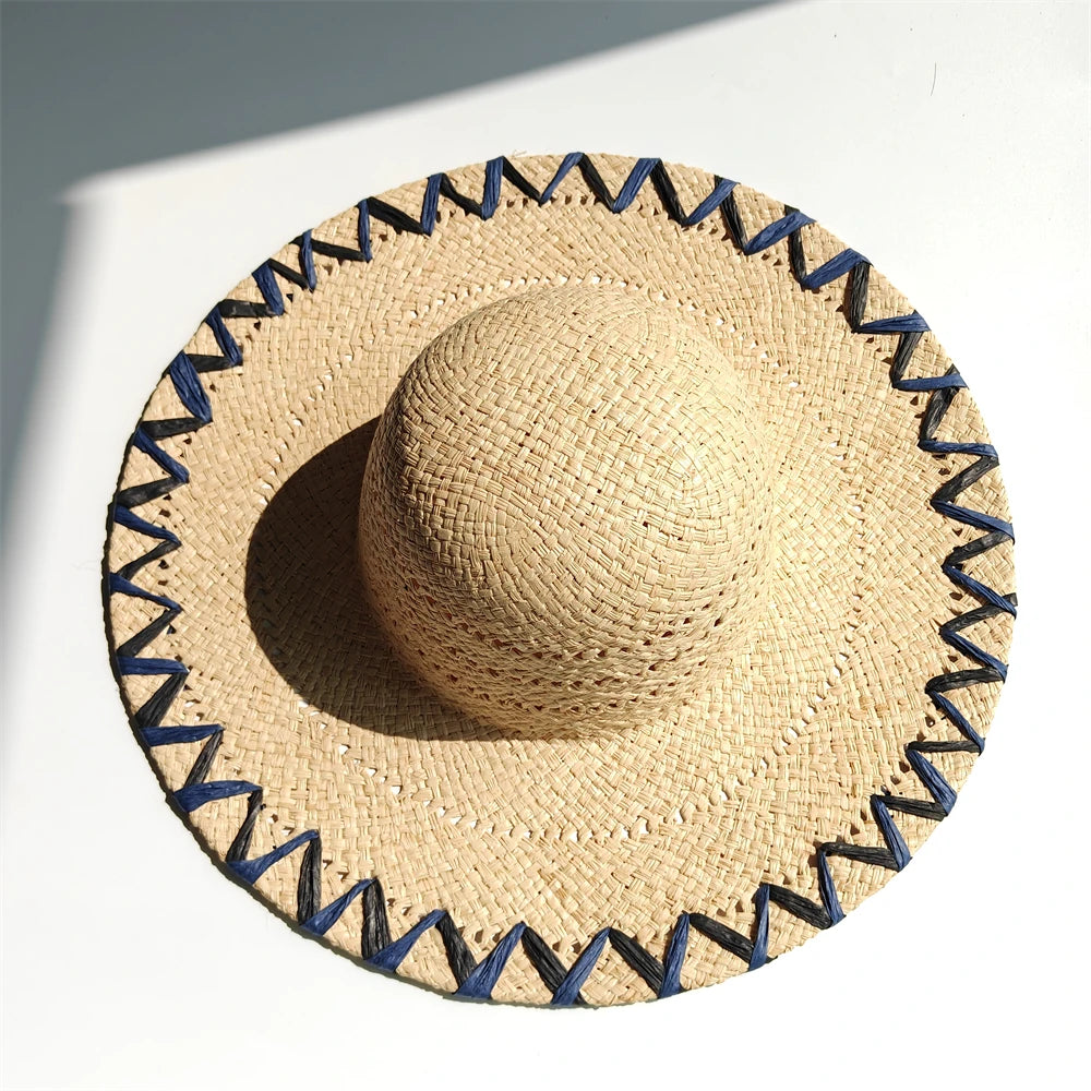 Handmade Natural Raffia Big Brim Straw Hat Breathable Sunscreen Panama Style for Beach Holiday Women's Dame Top Sun Hat