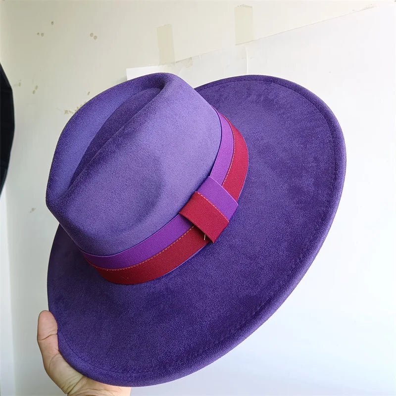 Colorblock Ribbon Colorful Suede Hat Autumn and Winter Women's Felt Hat Wide Brim Hat British Style Retro Men's Gorras Hombre