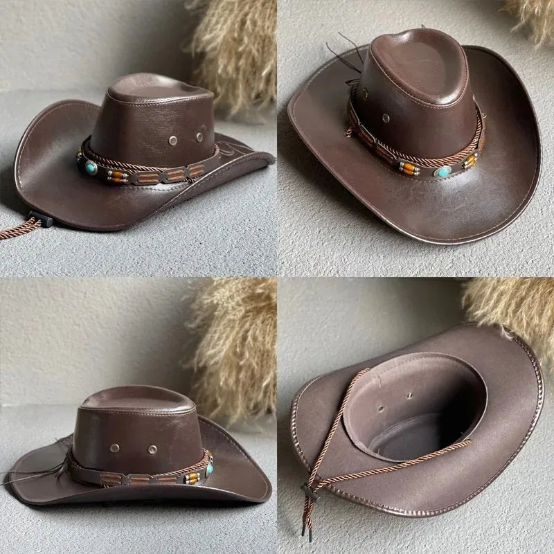 New Faux Leather Western Cowboy Hats for Women Men Vintage Gentleman Dress Hats Panama Cowgirl Jazz Cap Sombrero Hombre