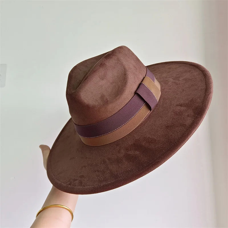 Colorblock Ribbon Colorful Suede Hat Autumn and Winter Women's Felt Hat Wide Brim Hat British Style Retro Men's Gorras Hombre