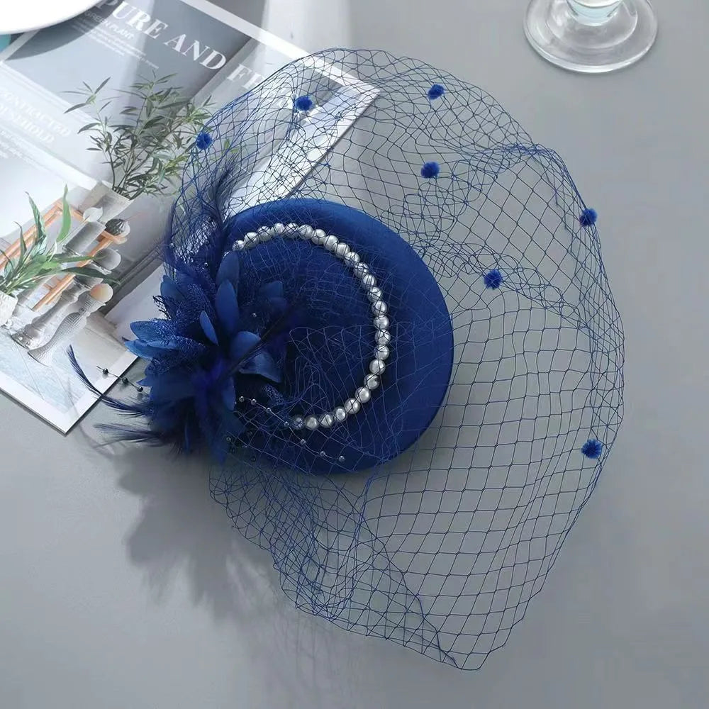 New Elegant Bridal Headwear Pearl Flower Mesh Wedding Veil Hat Temperament Vintage Pillbox Hats For Women