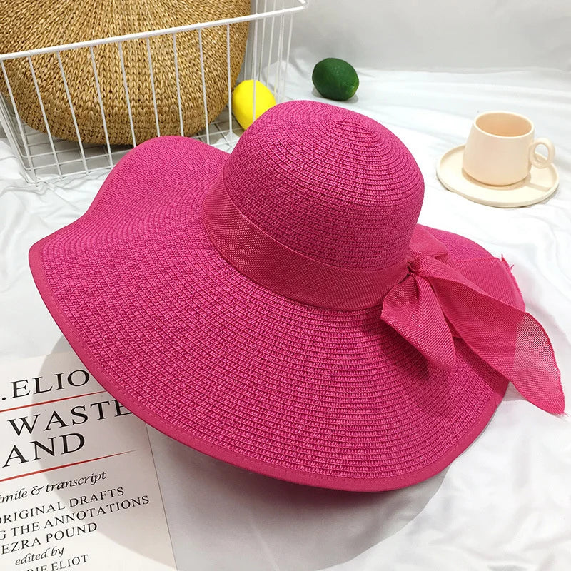 Women Summer Beach Travel Straw Hat Korean Seaside Big Hat Brim Sunblock Sunshade Holiday Foldable Fashion Big Cool Hat