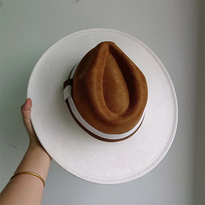 Colorblock Ribbon Colorful Suede Hat Autumn and Winter Women's Felt Hat Wide Brim Hat British Style Retro Men's Gorras Hombre