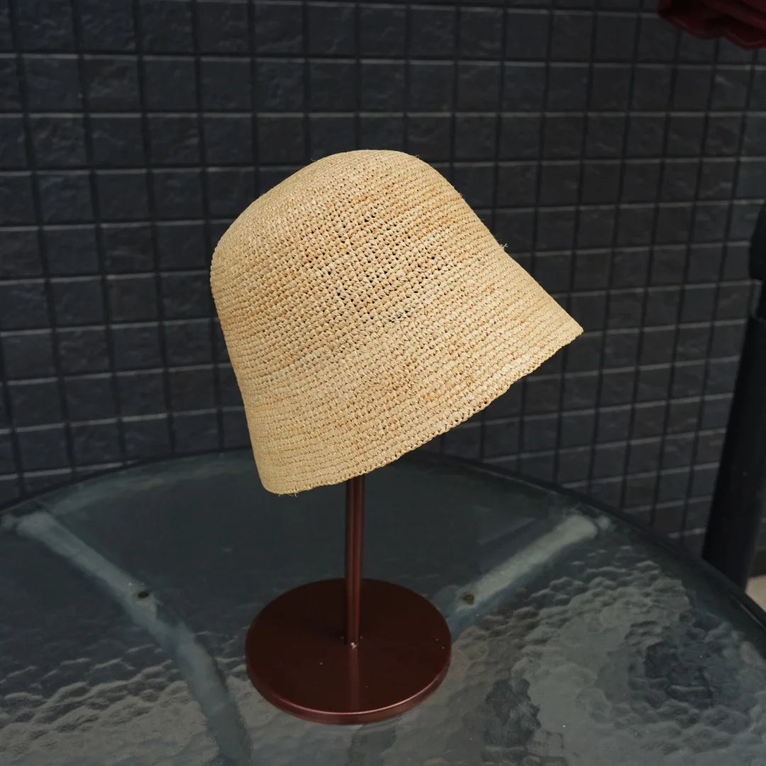 Fashion Raffia Fine Needle Luxury Bucket Hat For Women Summer Sun Shading Fisherman Hat Designer Wide Brim Basin Hat K Pop
