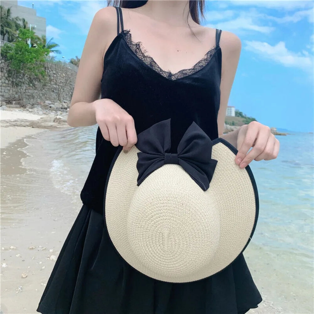 Elegant Womens Straw Hat Lady Beach Hat Summer Sun Floppy Wide Brim Foldable Bucket Cap Sunscreen Hat For Outdoor Camping Hiking