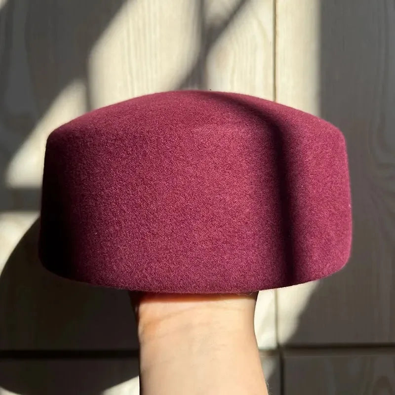 Vintage Hard Top Flat Fedoras Hats Women 100% Wool Felt Berets Hat Wedding Cocktail Party Medicine Box Hat Charming Pillbox Cap