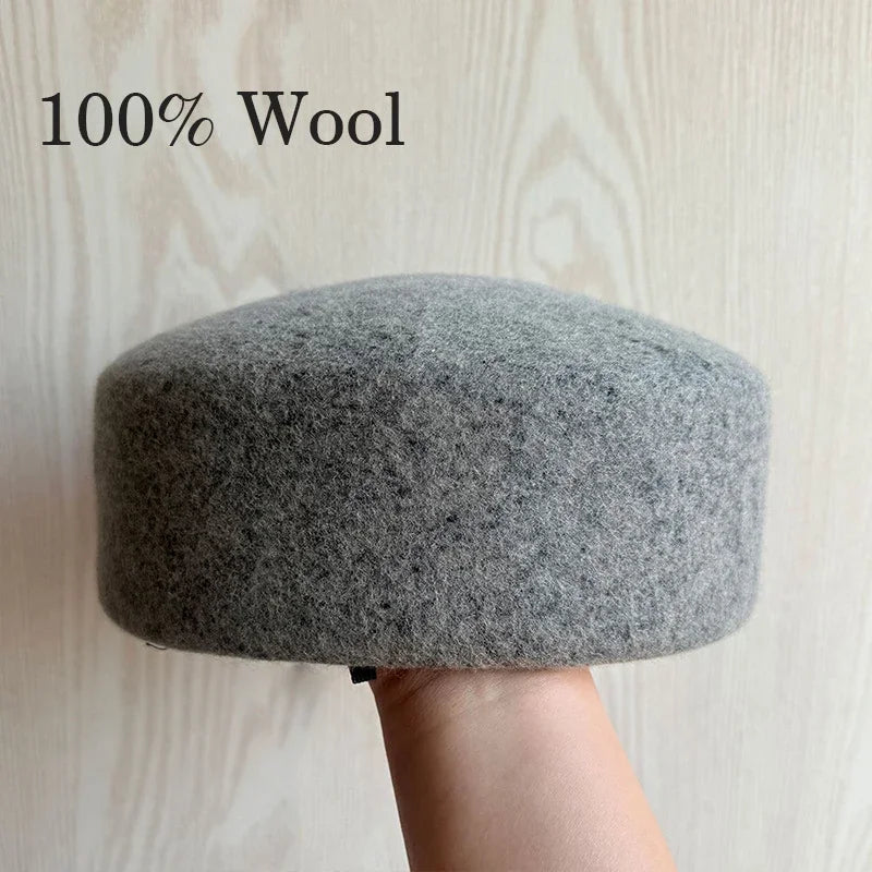 Vintage Hard Top Flat Fedoras Hats Women 100% Wool Felt Berets Hat Wedding Cocktail Party Medicine Box Hat Charming Pillbox Cap