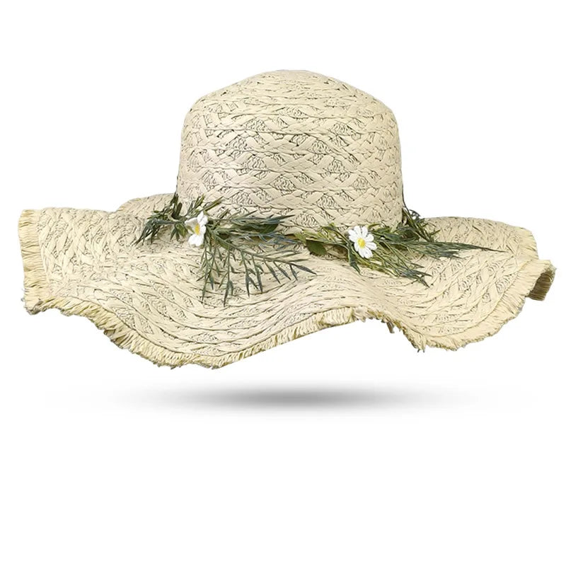 Women's Summer Rustic Daisy Wreath Straw Hat – Versatile Wide-Brimmed Sun Hat for Outings and Holidays