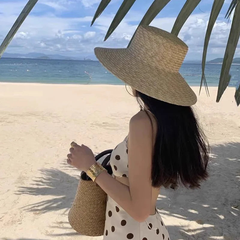 Ladies Sun Fedora Hats Hepburn hat Shiny Straw Hat European American Retro Gold Braided Female Sunshade Flat Sequins Hat