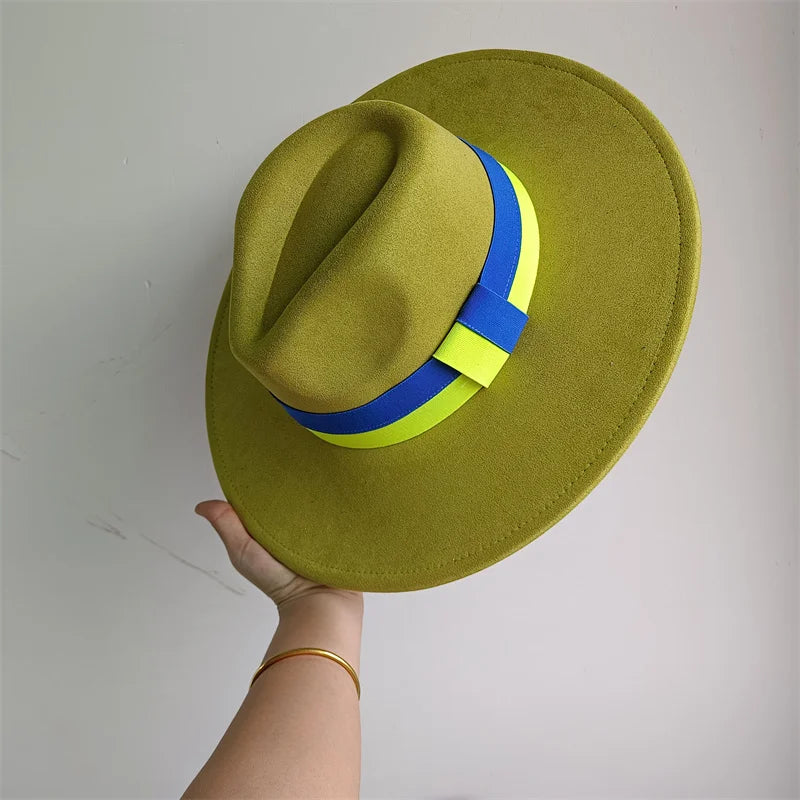 Colorblock Ribbon Colorful Suede Hat Autumn and Winter Women's Felt Hat Wide Brim Hat British Style Retro Men's Gorras Hombre