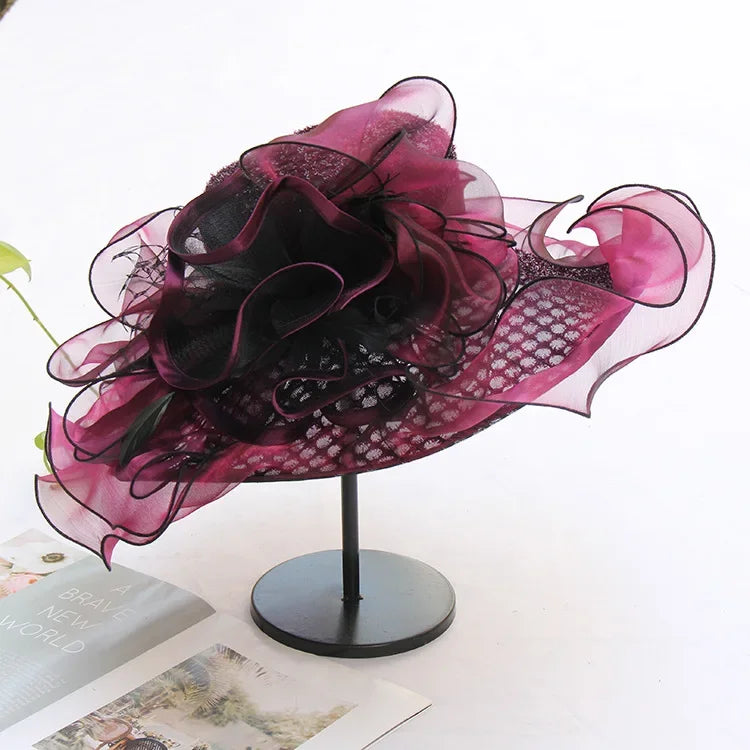 New Arrival Women's Summer Sun Hat, Wide Brim Organza Mesh Lurex Flower, Thin Beach Sun Hat
