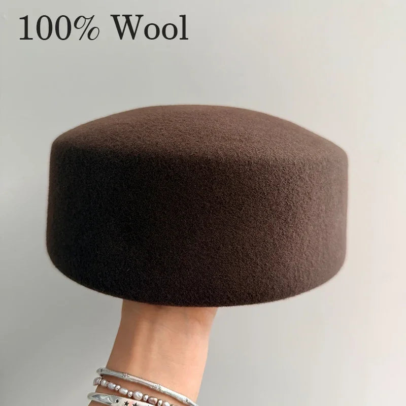 Vintage Hard Top Flat Fedoras Hats Women 100% Wool Felt Berets Hat Wedding Cocktail Party Medicine Box Hat Charming Pillbox Cap