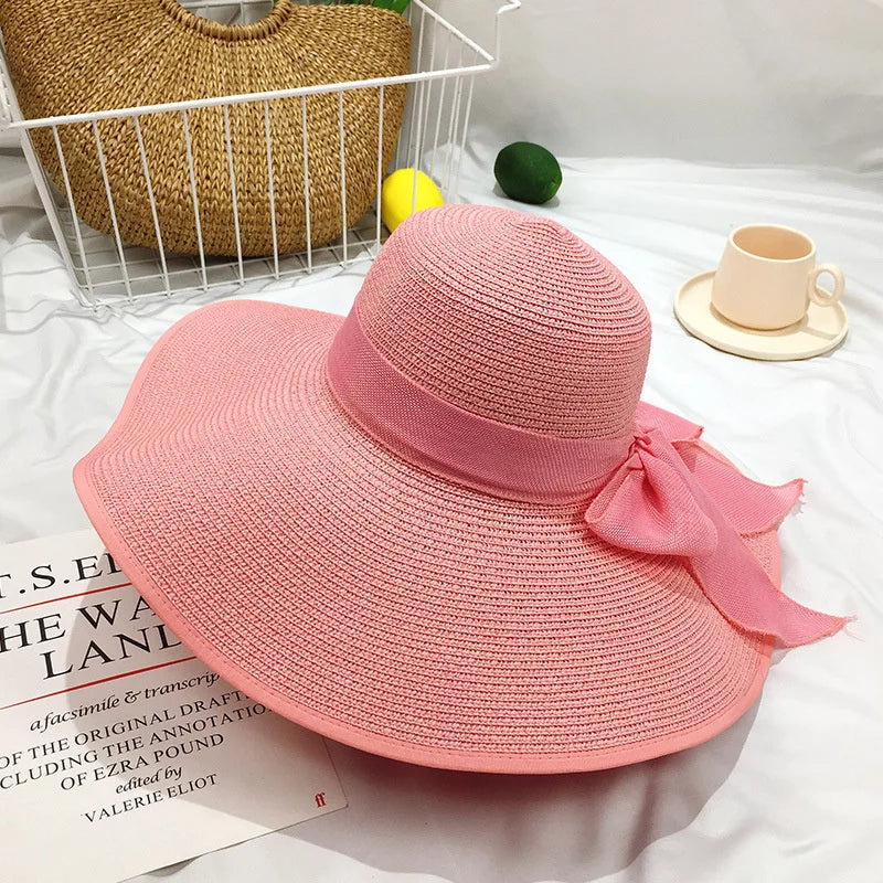 Women Summer Beach Travel Straw Hat Korean Seaside Big Hat Brim Sunblock Sunshade Holiday Foldable Fashion Big Cool Hat