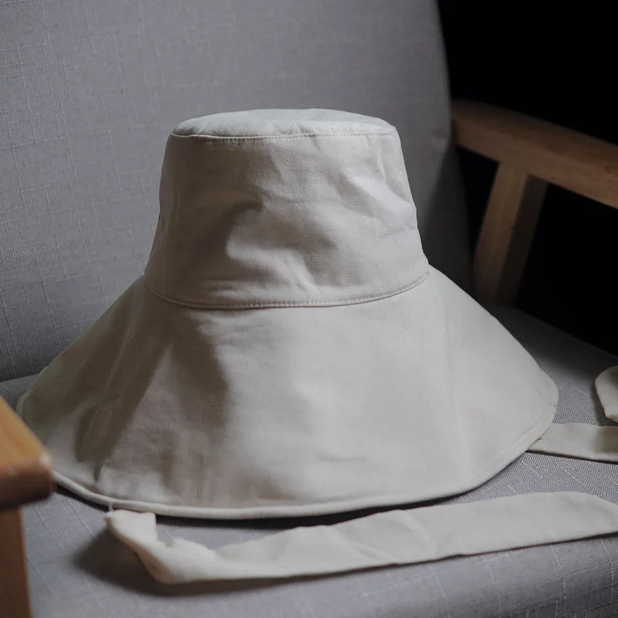 New Summer Spring Japanese Tie Bucket Hat Women's Korean-style Big Eave Fisherman Foldable UV Cotton Linen Beach Strap Sun Hat
