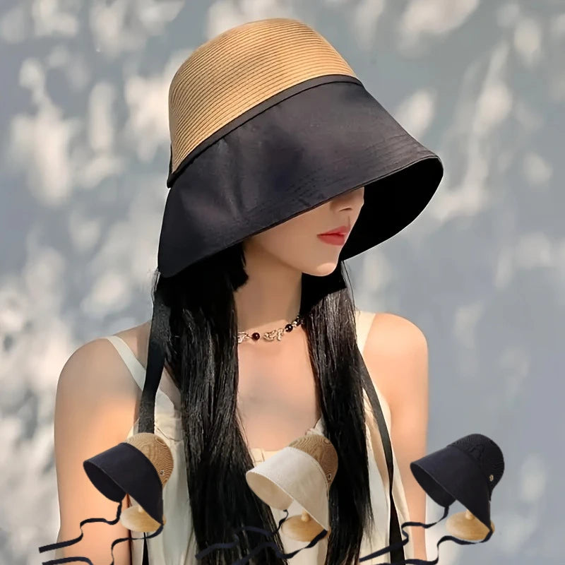 1pc Women's Versatile Patchwork Straw Hat with Pocket Scarf,Travel Sunshade Dome Wide Brim Face Cover Bucket Hat for Beach,party