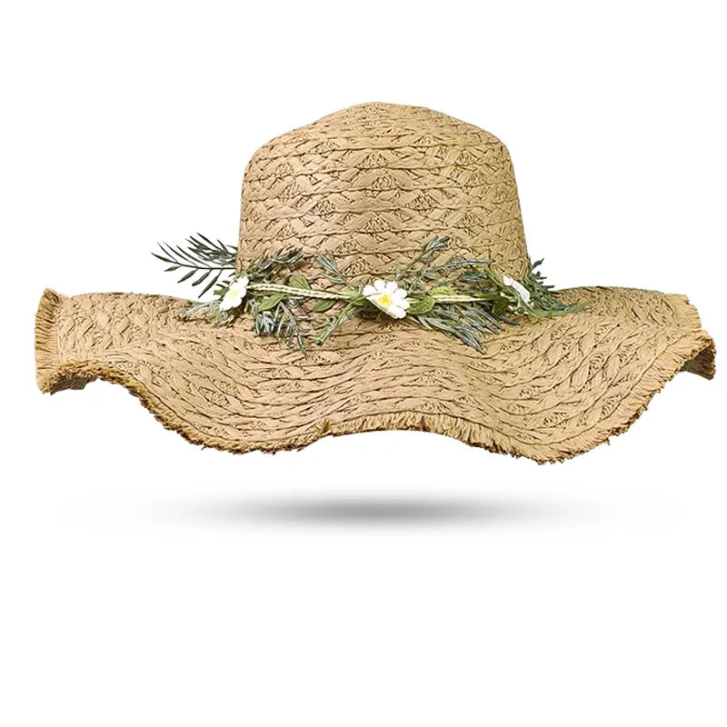 Women's Summer Rustic Daisy Wreath Straw Hat – Versatile Wide-Brimmed Sun Hat for Outings and Holidays