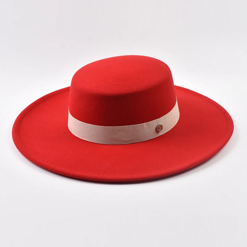 French Style Fedora Hat for Women Autumn Winter 10CM Wide Brim Flat Top Felt Hat Fashion Derby Wedding Jazz Hats