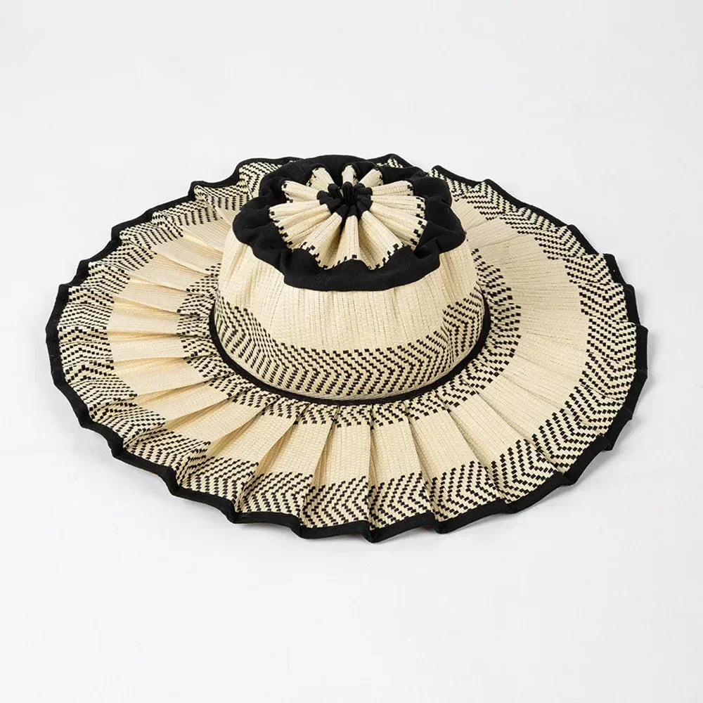Y2K Parent-Child Summer Reversible Pleated Sun Hats for Women Casual Straw Hat Outdoor Beach Shade Straps Lady Gorras Para Mujer