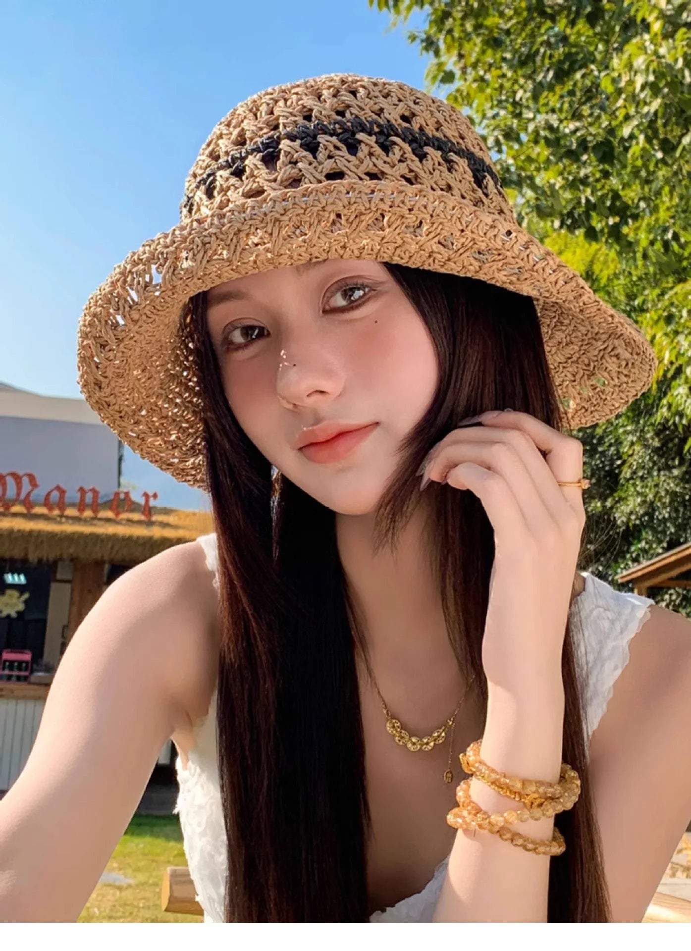 Striped Openwork Knitted Straw Hat: Breathable Fisherman's Hat for Women – Ideal for Beach Holidays, Leisure and Sun Protection
