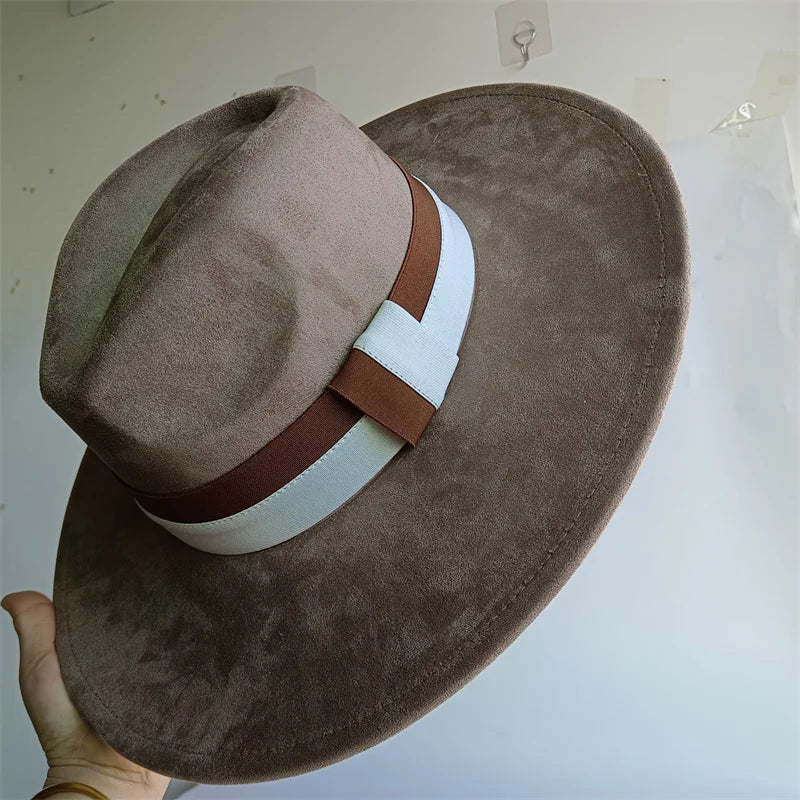 Colorblock Ribbon Colorful Suede Hat Autumn and Winter Women's Felt Hat Wide Brim Hat British Style Retro Men's Gorras Hombre
