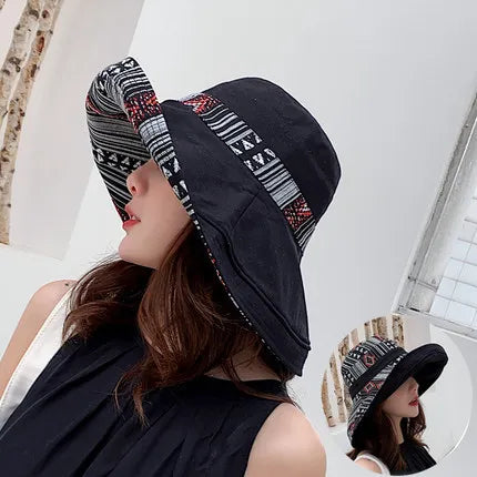 Hat women's summer big edge double-sided sunshade bucket hat Korean version versatile ethnic style travel sun protection Cap