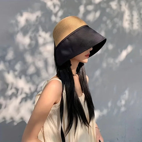 1pc Women's Versatile Patchwork Straw Hat with Pocket Scarf,Travel Sunshade Dome Wide Brim Face Cover Bucket Hat for Beach,party