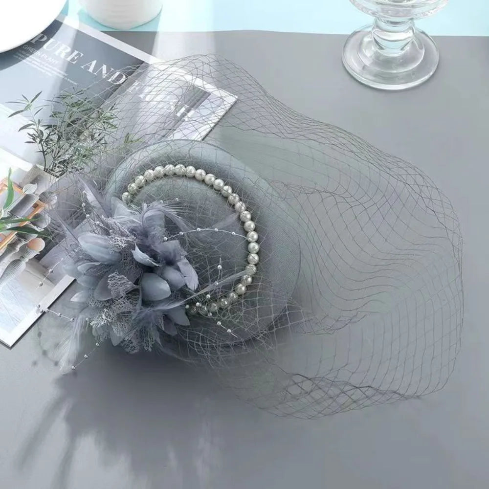 New Elegant Bridal Headwear Pearl Flower Mesh Wedding Veil Hat Temperament Vintage Pillbox Hats For Women