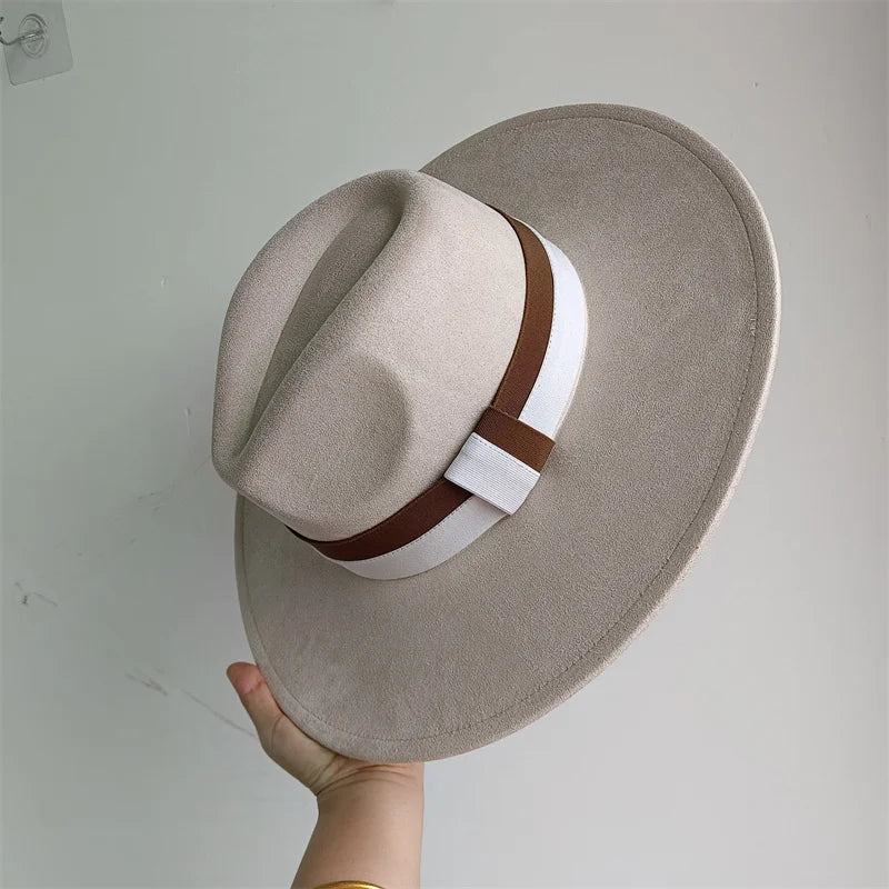 Colorblock Ribbon Colorful Suede Hat Autumn and Winter Women's Felt Hat Wide Brim Hat British Style Retro Men's Gorras Hombre