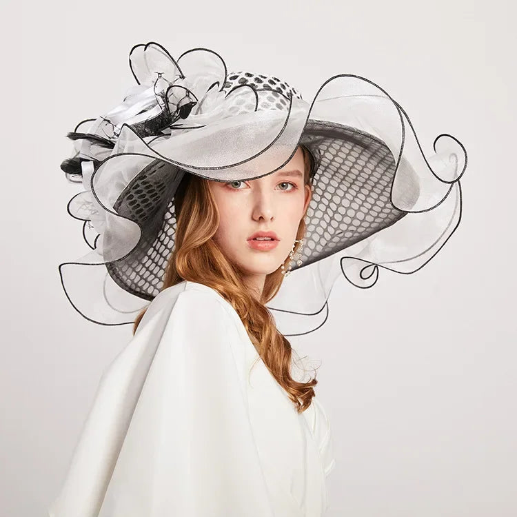 New Arrival Women's Summer Sun Hat, Wide Brim Organza Mesh Lurex Flower, Thin Beach Sun Hat