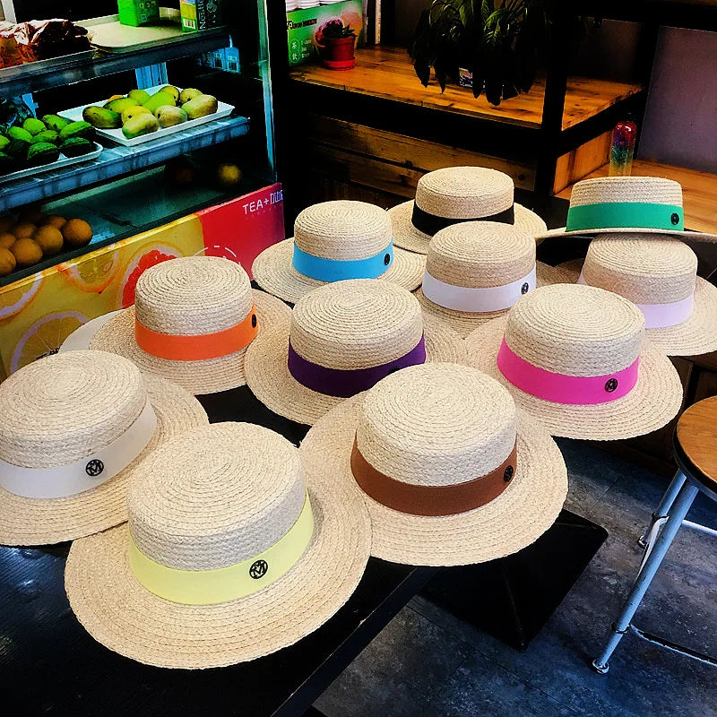 2026 Letter Raffia Boater Hats Women Summer Hat with Ribbon Band Flat Top Sun Hat Wide Brim   Ladies Canotier Beach Hat