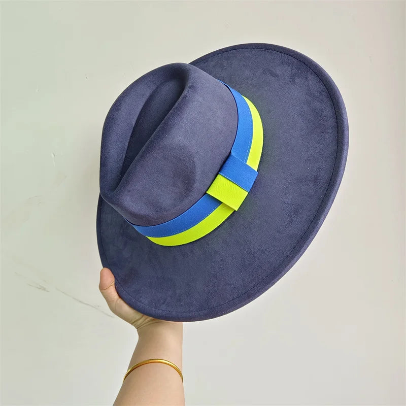 Colorblock Ribbon Colorful Suede Hat Autumn and Winter Women's Felt Hat Wide Brim Hat British Style Retro Men's Gorras Hombre